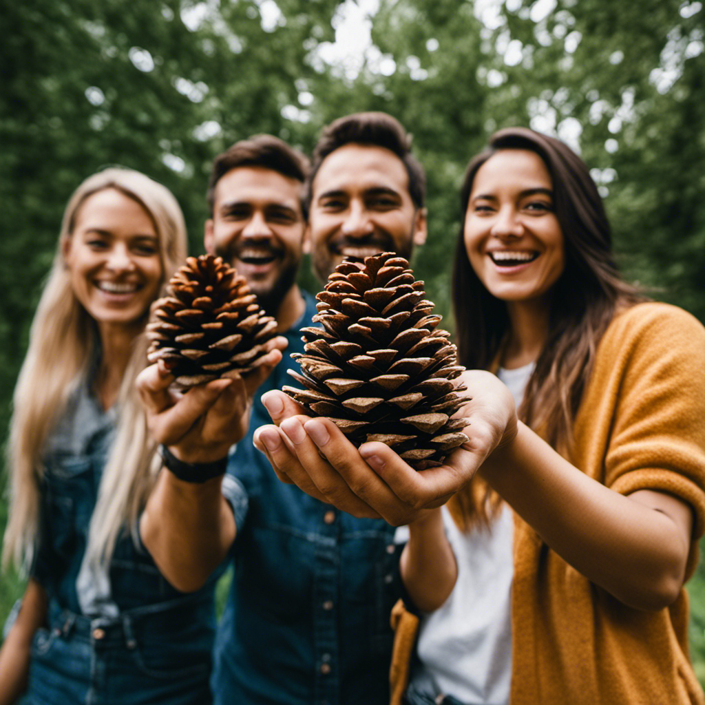 An image showcasing a diverse group of enthusiastic product testers, each holding a pinecone, surrounded by vibrant greenery, representing the opportunity to join Pinecone Research - a trusted platform for lucrative product testing jobs