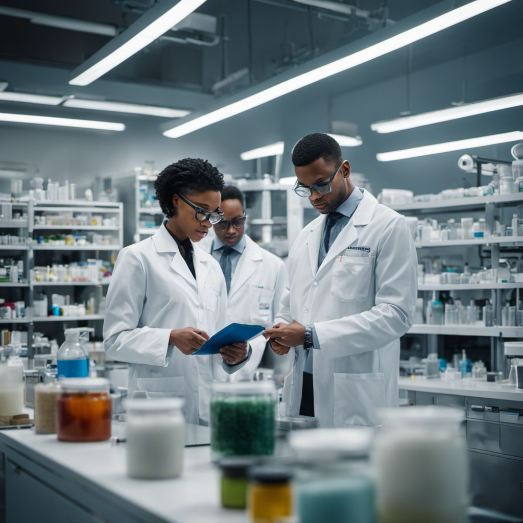 An image showcasing a diverse group of individuals wearing lab coats, meticulously examining products in a brightly lit testing facility filled with cutting-edge equipment and shelves stocked with various items