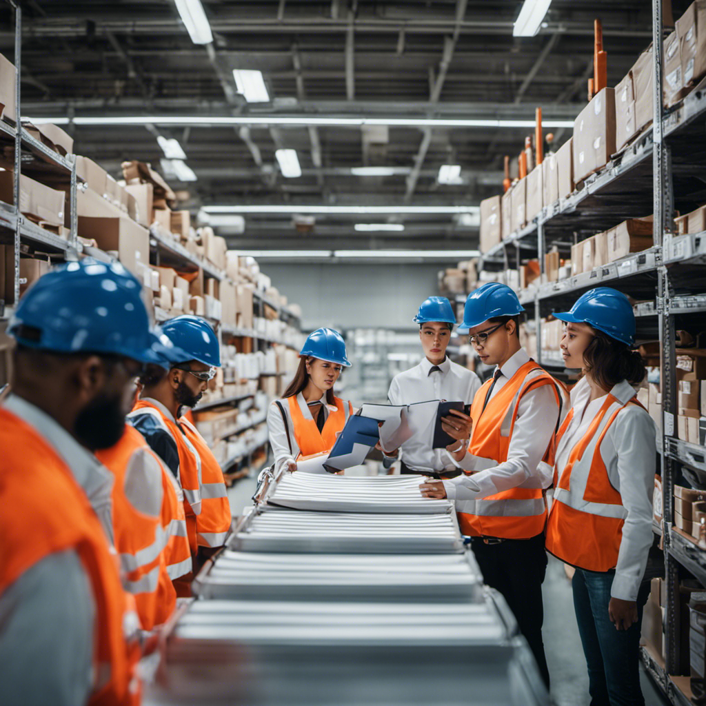 A vivid image showcasing a diverse group of people with clipboards, meticulously inspecting and evaluating various products at a well-organized Product Testing Company facility, surrounded by shelves stacked with products waiting to be tested