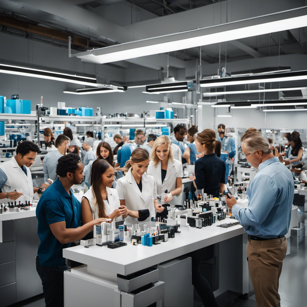 An image showcasing a diverse group of people enthusiastically testing a range of products, from electronics to beauty items, in a bright and modern setting reminiscent of a state-of-the-art testing facility, representing the abundance of product testing opportunities in the USA