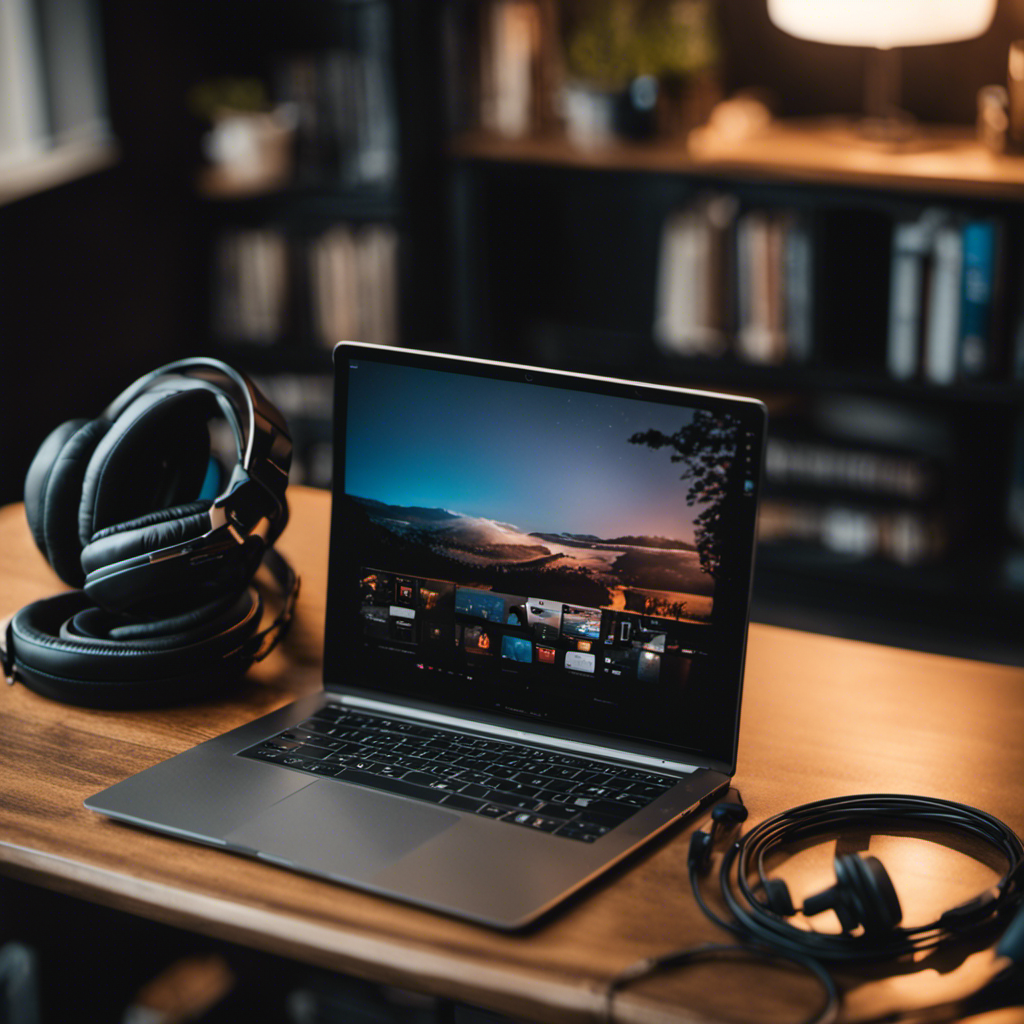 An image showcasing a person using a laptop while a diverse range of products surround them, including a smartphone, a coffee mug, and a pair of headphones