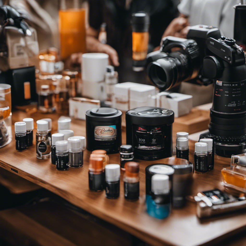 An image showcasing a diverse group of product testers, surrounded by a range of popular branded products, with an Influenster logo subtly placed in the background