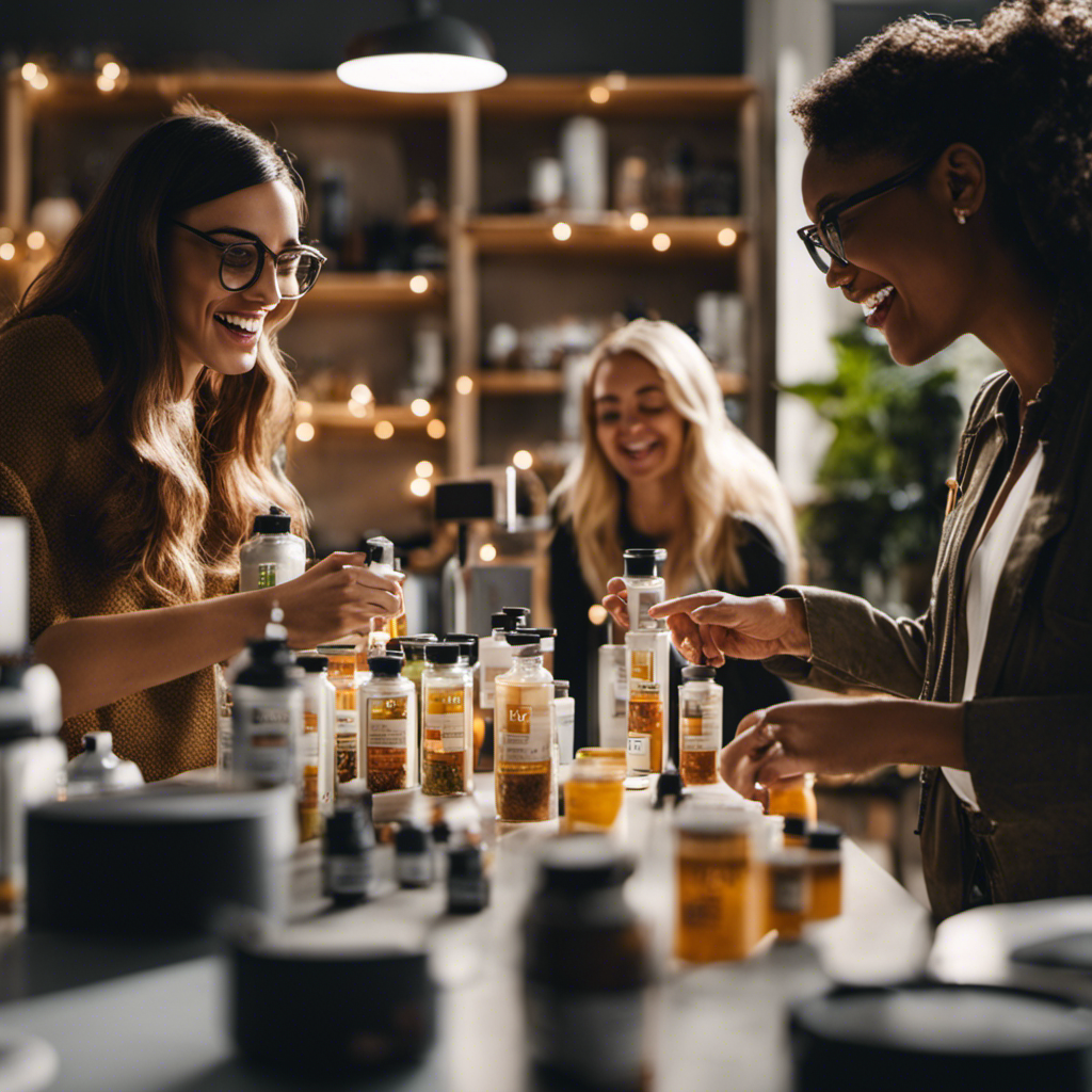 An image showcasing a diverse group of product testers excitedly collaborating and providing feedback, surrounded by a collection of various products