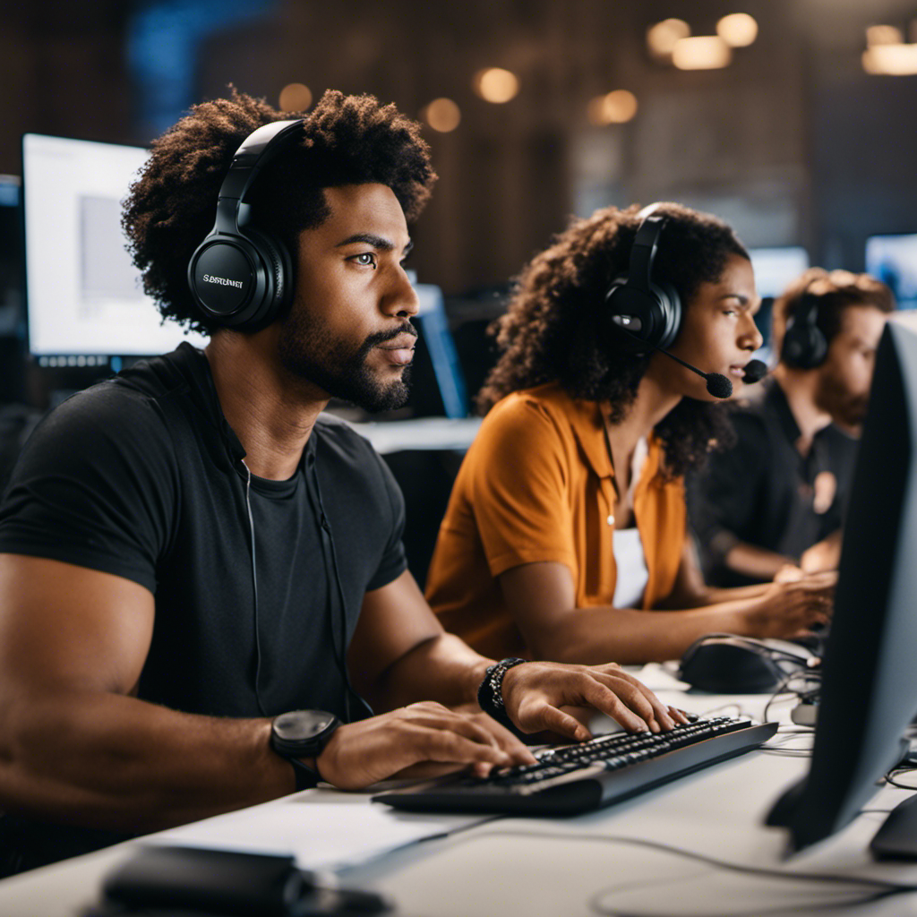 An image showcasing a diverse group of individuals sitting in front of their computers, wearing headphones and providing feedback on various products