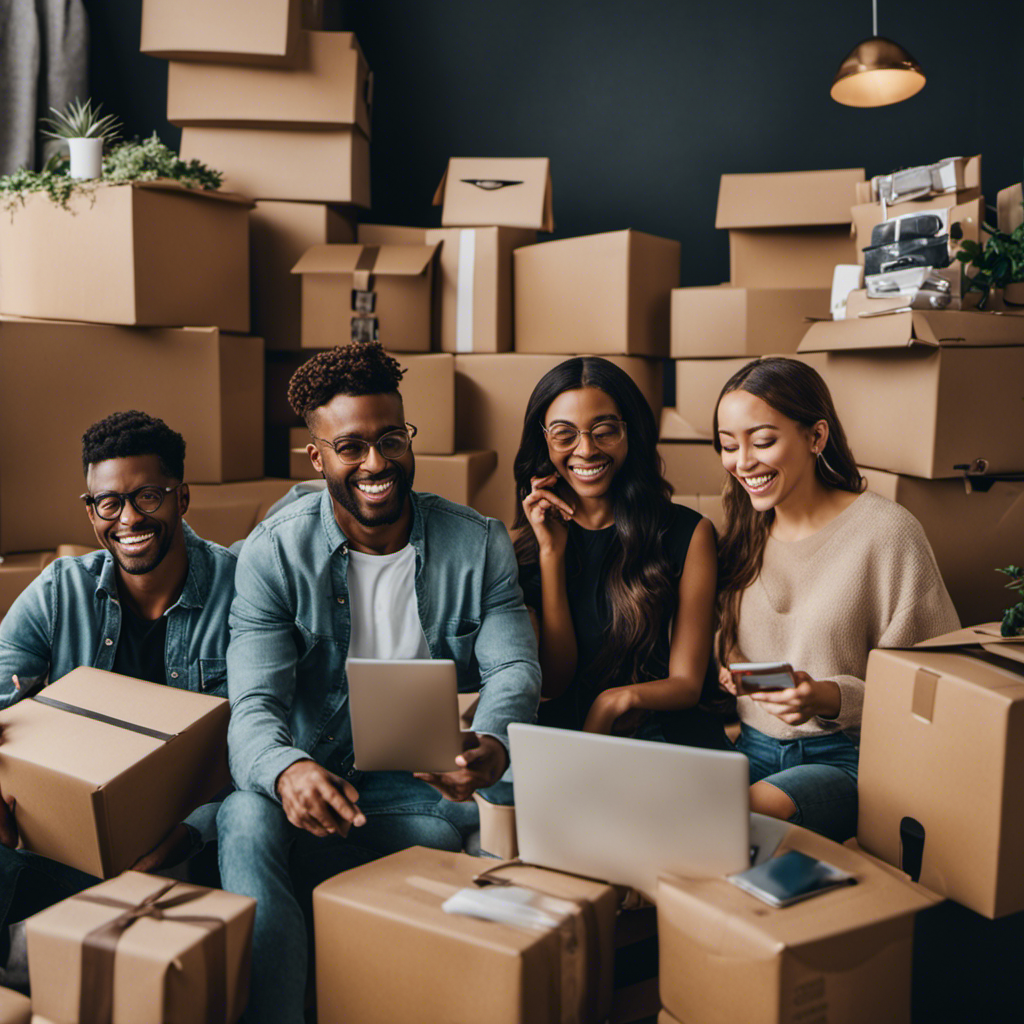 An image featuring a diverse group of people surrounded by laptops, smartphones, and packages