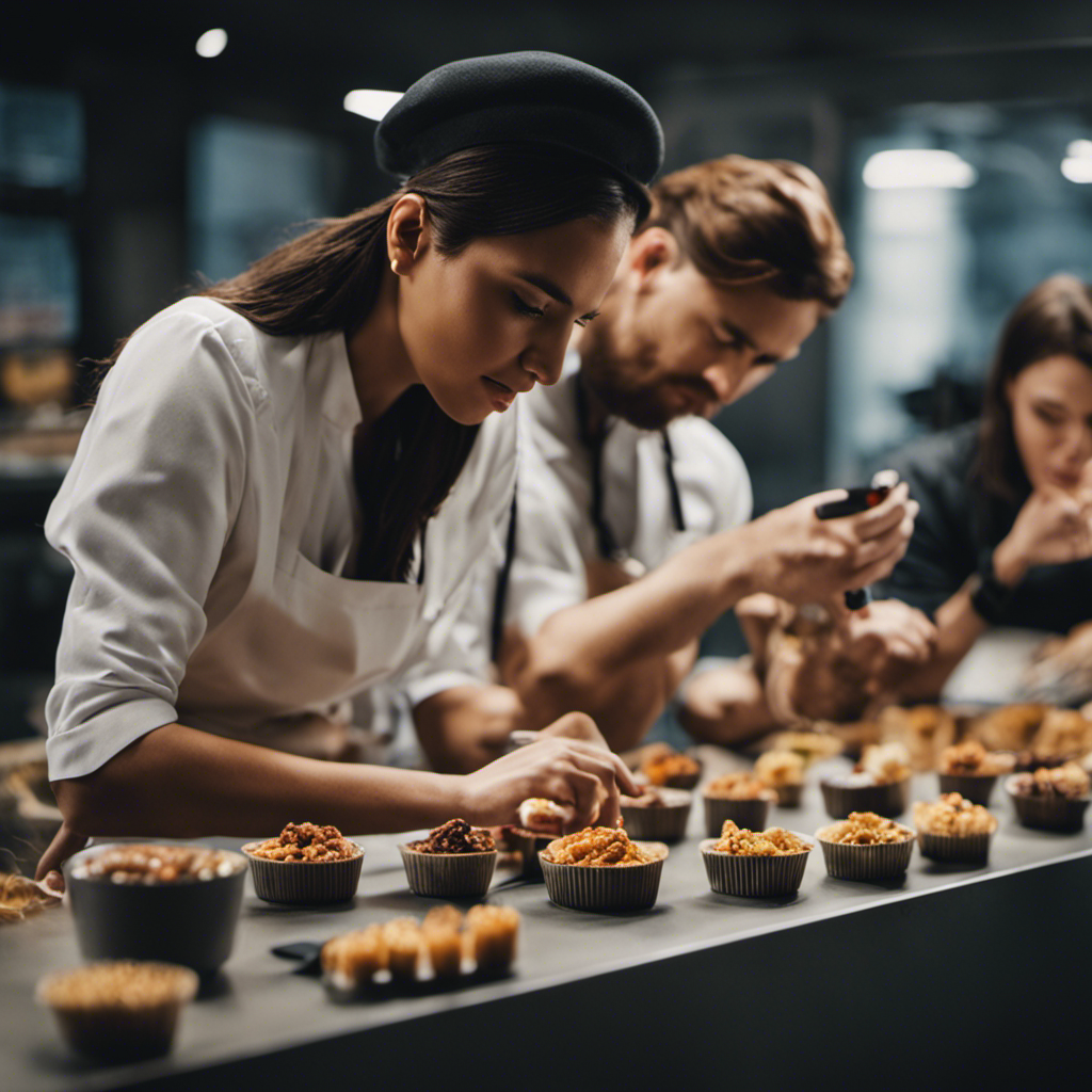 An image showcasing a diverse group of product testers engaged in various activities like taste-testing, product inspection, and user feedback sessions