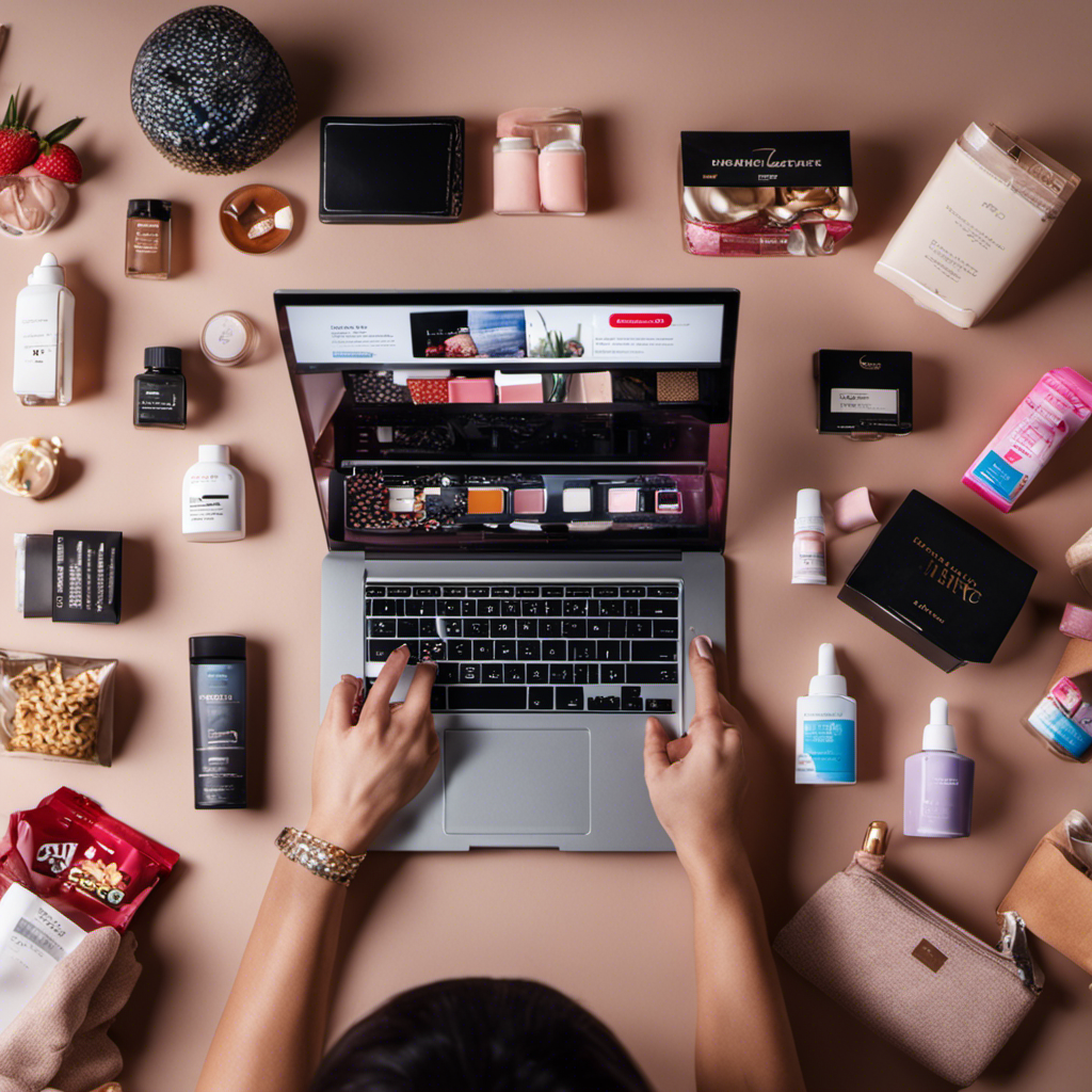 An image featuring a person surrounded by a variety of products, like cosmetics, snacks, and electronics, with a laptop displaying the BzzAgent website