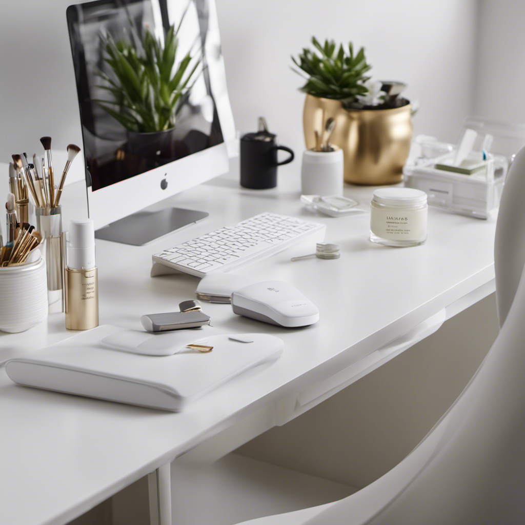 An image showcasing a pristine white desk adorned with a variety of products to test, including electronics, cosmetics, and household items