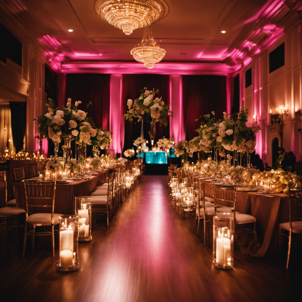 An image showcasing a vibrant event venue adorned with elegant decorations, while a team of professionals expertly coordinates a successful celebration