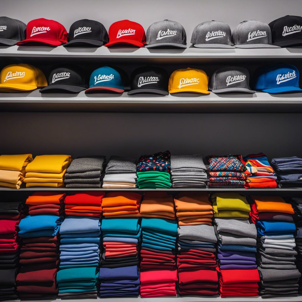 An image showcasing an array of colorful custom t-shirts, hoodies, and accessories, neatly displayed on a sleek retail shelf