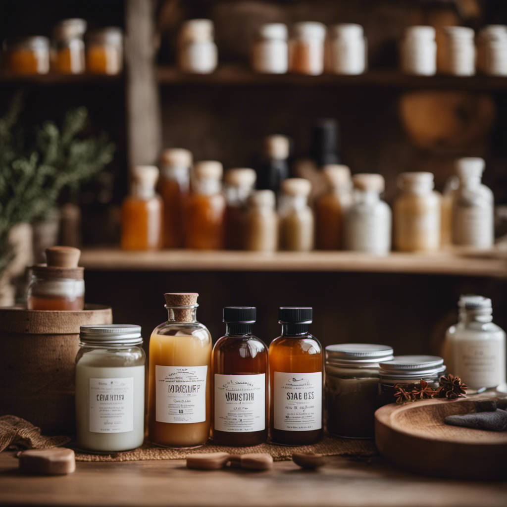 An image capturing a cozy and rustic workshop where hands lovingly pour vibrant liquids into elegant molds, surrounded by shelves adorned with beautifully packaged handmade soaps and skincare products
