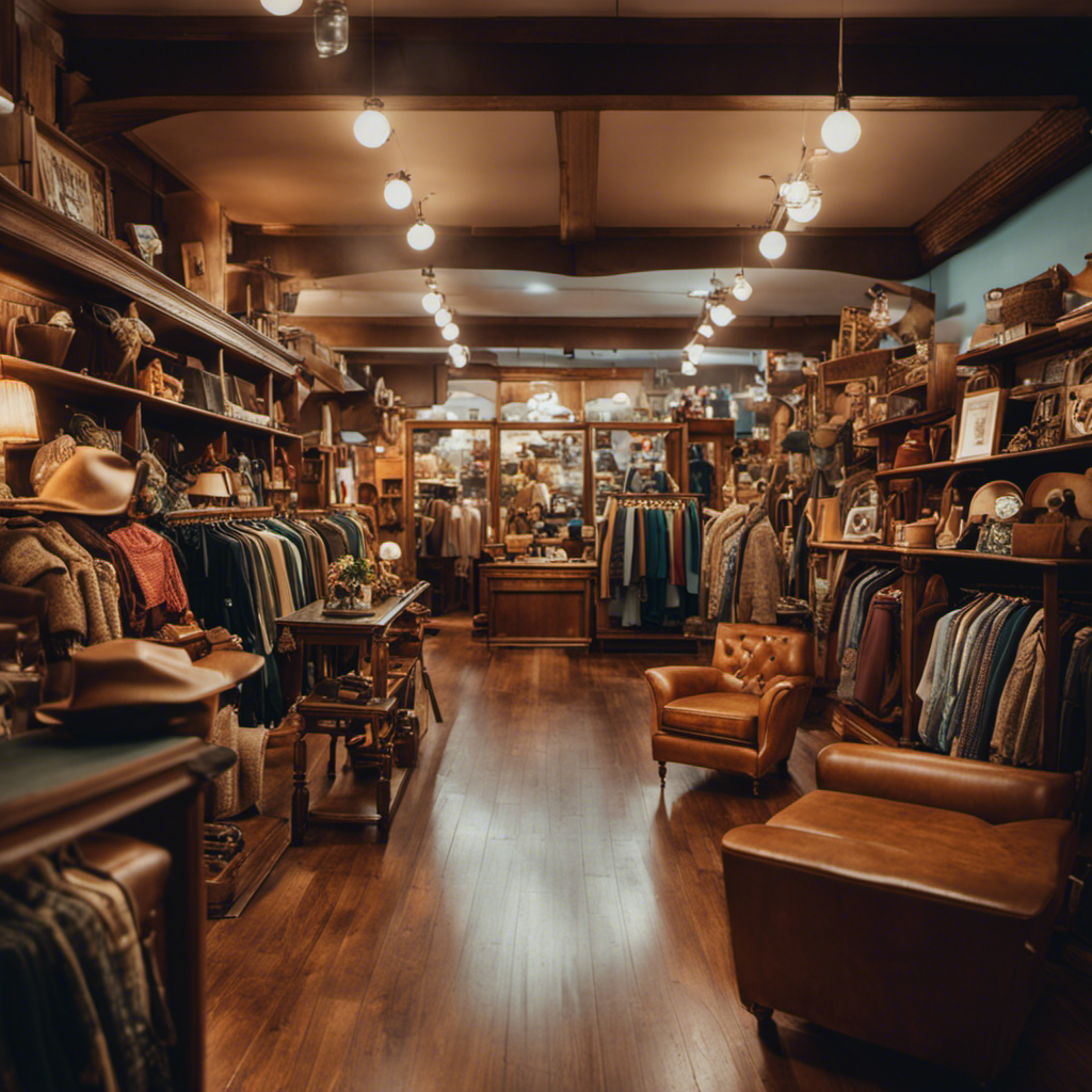 An image showcasing a charming vintage store filled with racks of retro clothing, shelves of antique collectibles, and a cozy seating area, inviting readers to explore the profitable world of vintage selling