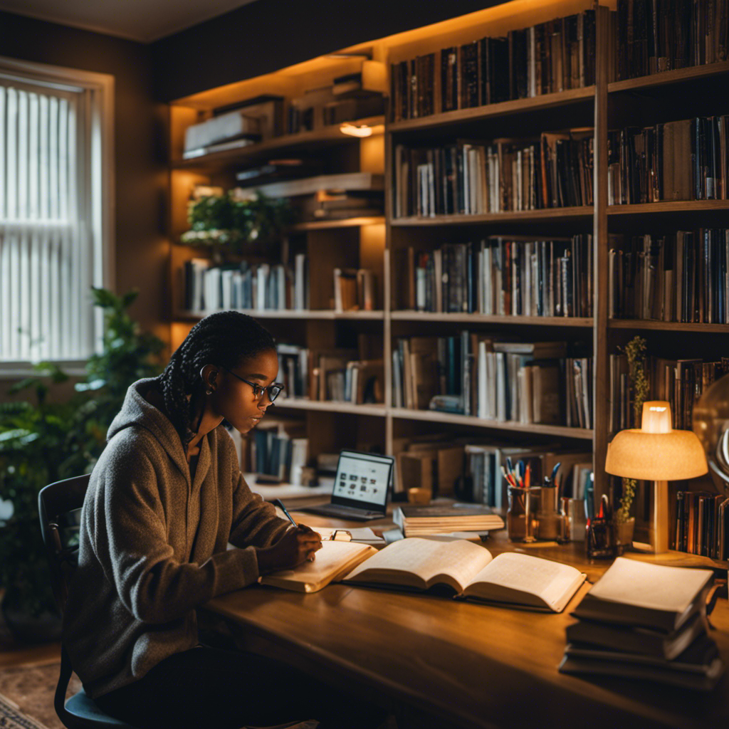 An image showcasing a cozy, well-lit home study space with shelves filled with textbooks, a whiteboard covered in equations, and a student engrossed in a one-on-one tutoring session, emphasizing the profitability of tutoring with a $10K investment