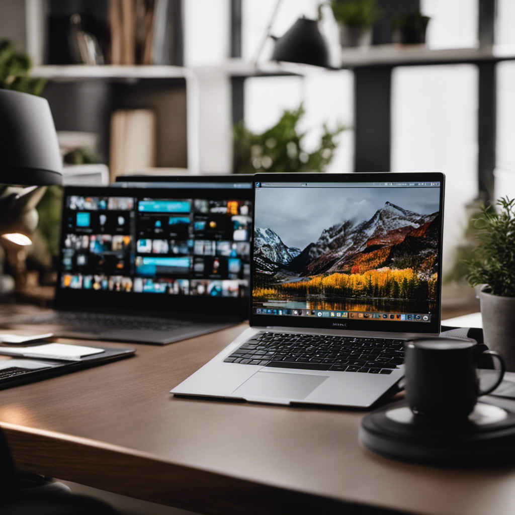 An image showcasing a laptop displaying a virtual assistant managing multiple tasks, surrounded by a modern home office setup