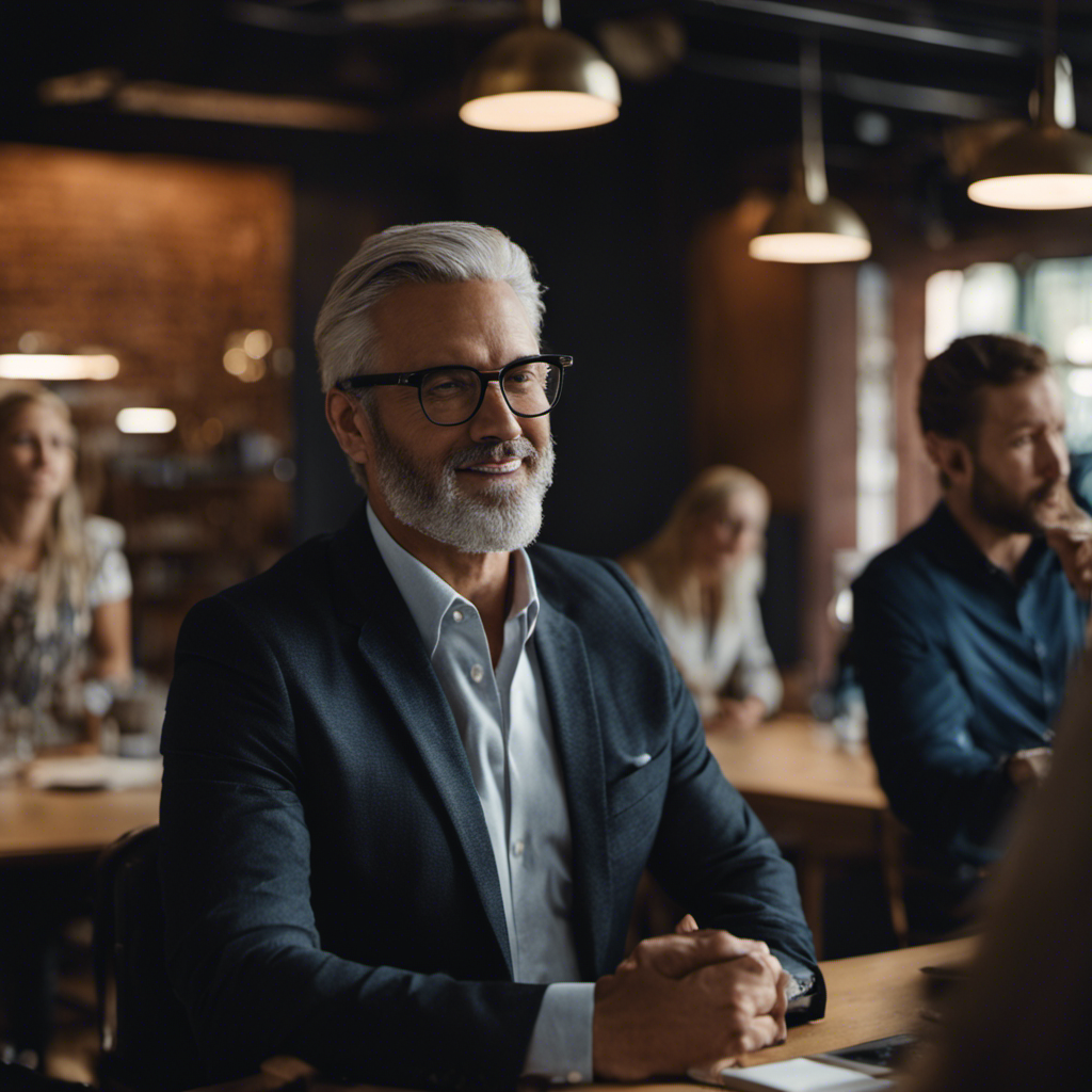 An image showcasing a small business instructor in action, surrounded by eager entrepreneurs, engaged in a vibrant discussion, exchanging ideas and gaining valuable knowledge, all within a professional and inspiring setting