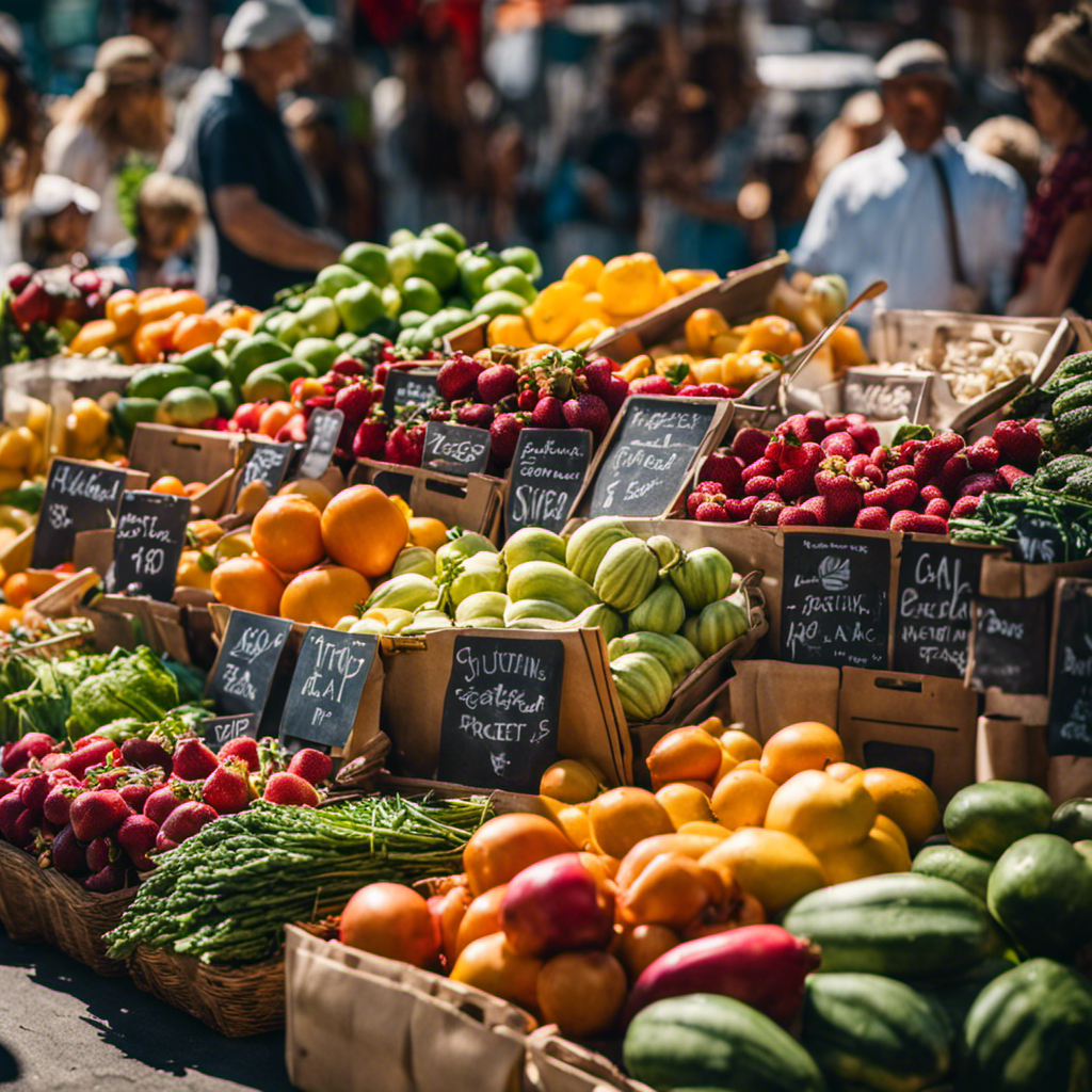 An image showcasing a bustling farmers market with colorful stalls selling fresh produce, handmade crafts, and gourmet food trucks