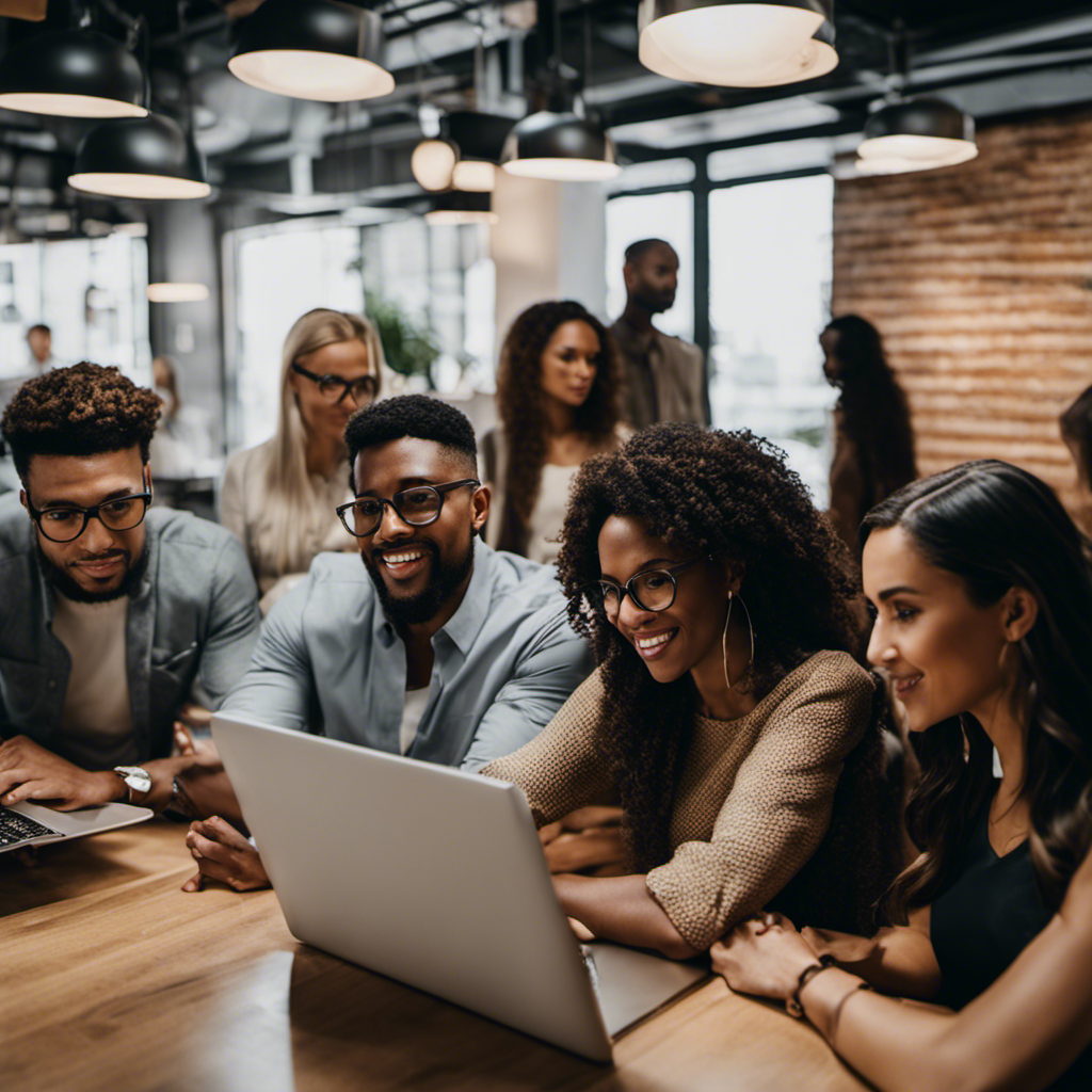 An image featuring a diverse group of entrepreneurs huddled around a laptop, engrossed in managing social media accounts