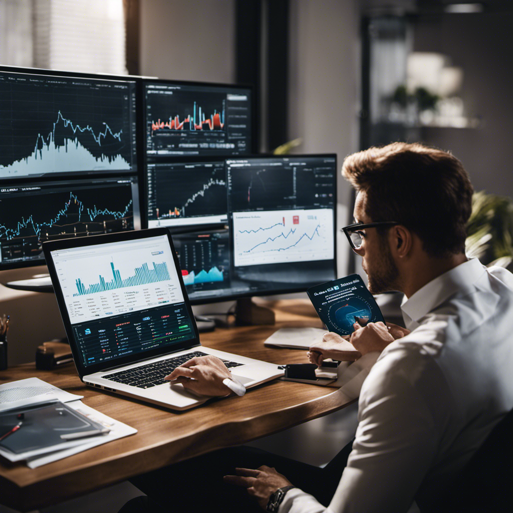 An image showcasing a dynamic digital marketing consultant working on a laptop, surrounded by graphs and charts displaying impressive growth