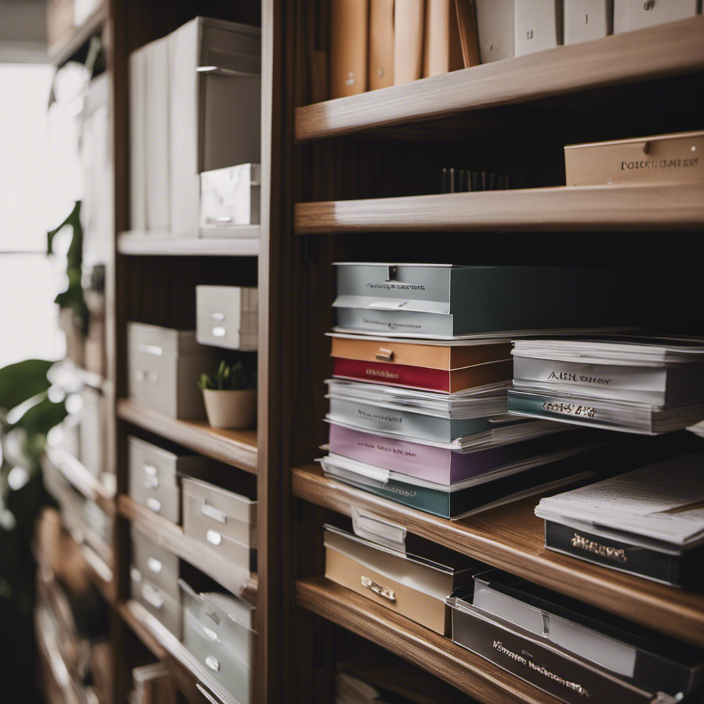 An image featuring a serene, clutter-free workspace with neatly arranged files, labeled storage boxes, and color-coordinated stationery