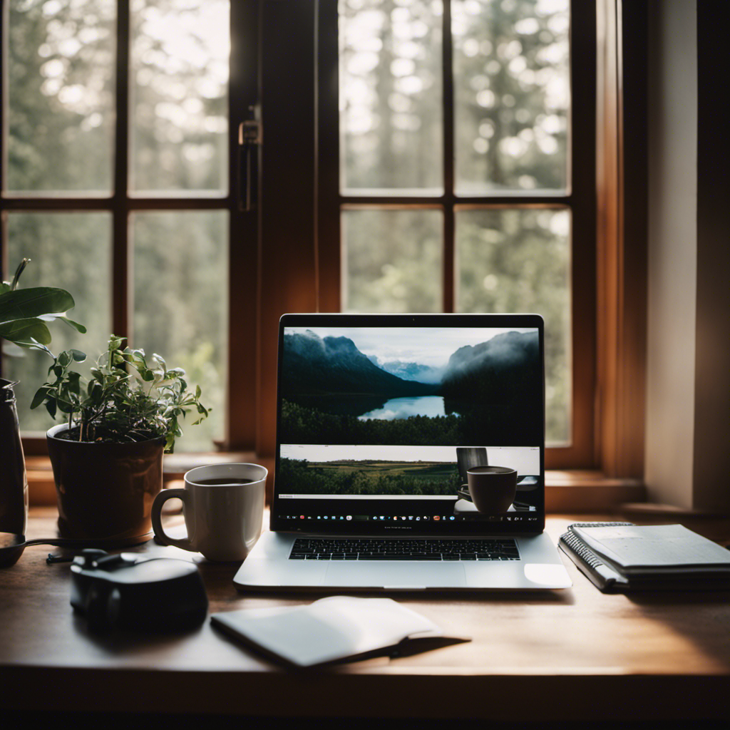 An image showcasing a freelance writer's ideal workspace: a cozy home office with a sleek desk, a laptop surrounded by notebooks, a steaming cup of coffee, and a serene view of nature through a large window
