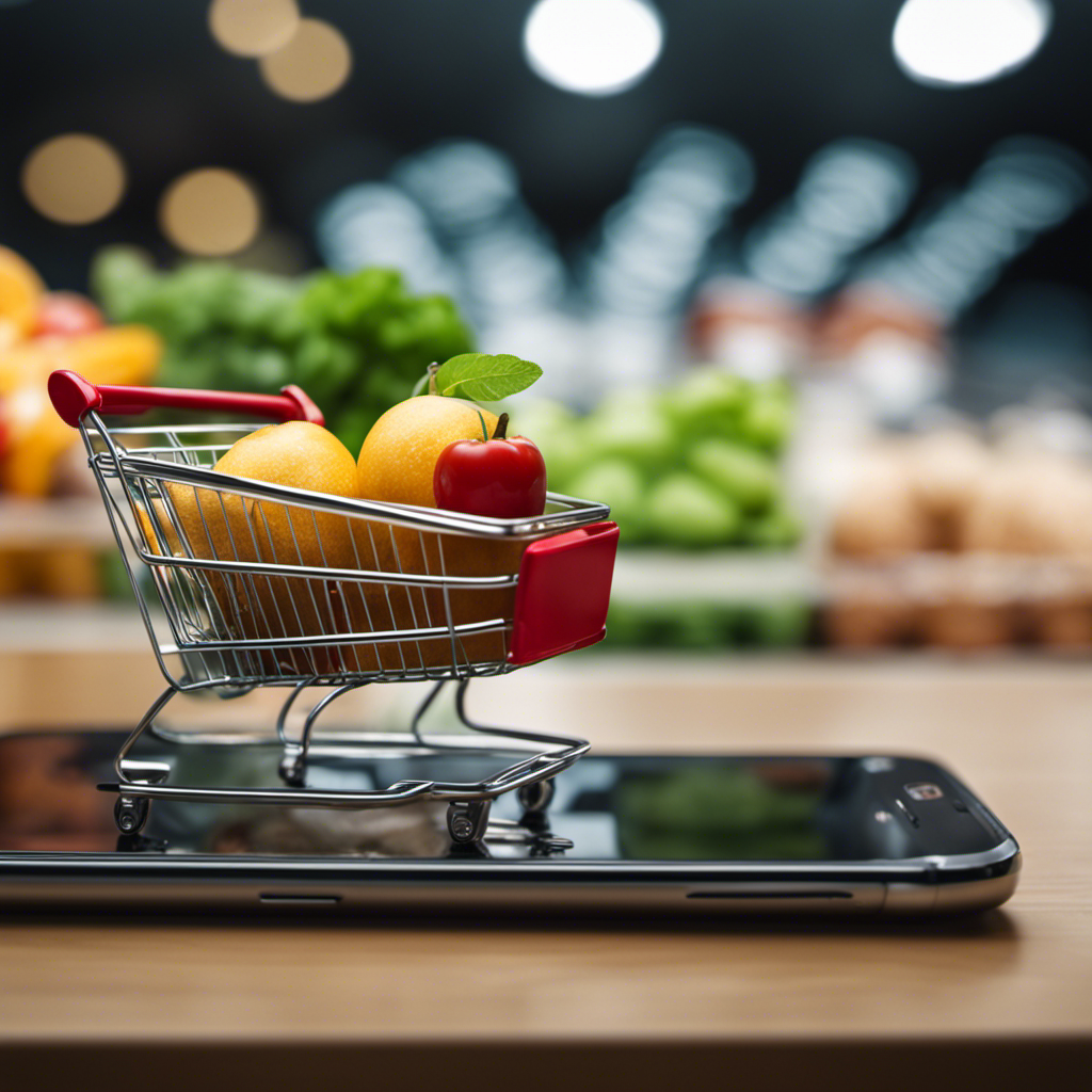 An image showcasing a smartphone screen divided into two sections: one displaying a shopping cart filled with groceries, and the other showing a graph with increasing savings