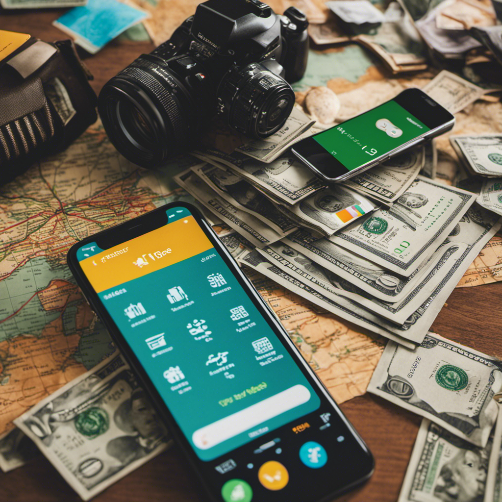 An image showcasing a smartphone screen filled with vibrant icons of travel budgeting apps like Expensify, Trail Wallet, and Splitwise