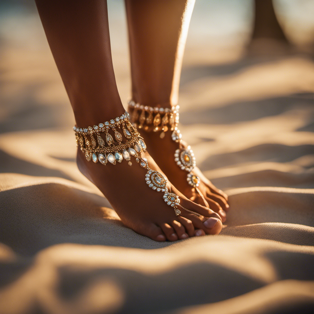 An image capturing the essence of motivations behind selling feet pics: a beautifully pedicured foot, adorned with intricate jewelry, softly illuminated by warm sunlight, symbolizing empowerment, financial independence, and artistic self-expression