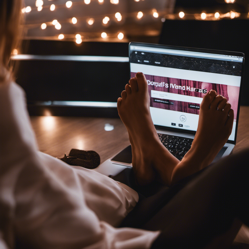 An image of a woman's feet with her laptop displaying an OnlyFans profile, emphasizing privacy by showing closed blinds, a lock symbol, and a hacker silhouette in the background