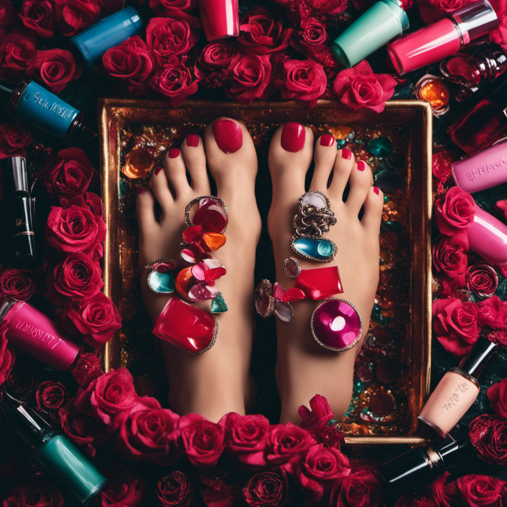 An image that portrays a pair of delicate feet adorned with vibrant nail polish, gently resting on a cash-filled tray