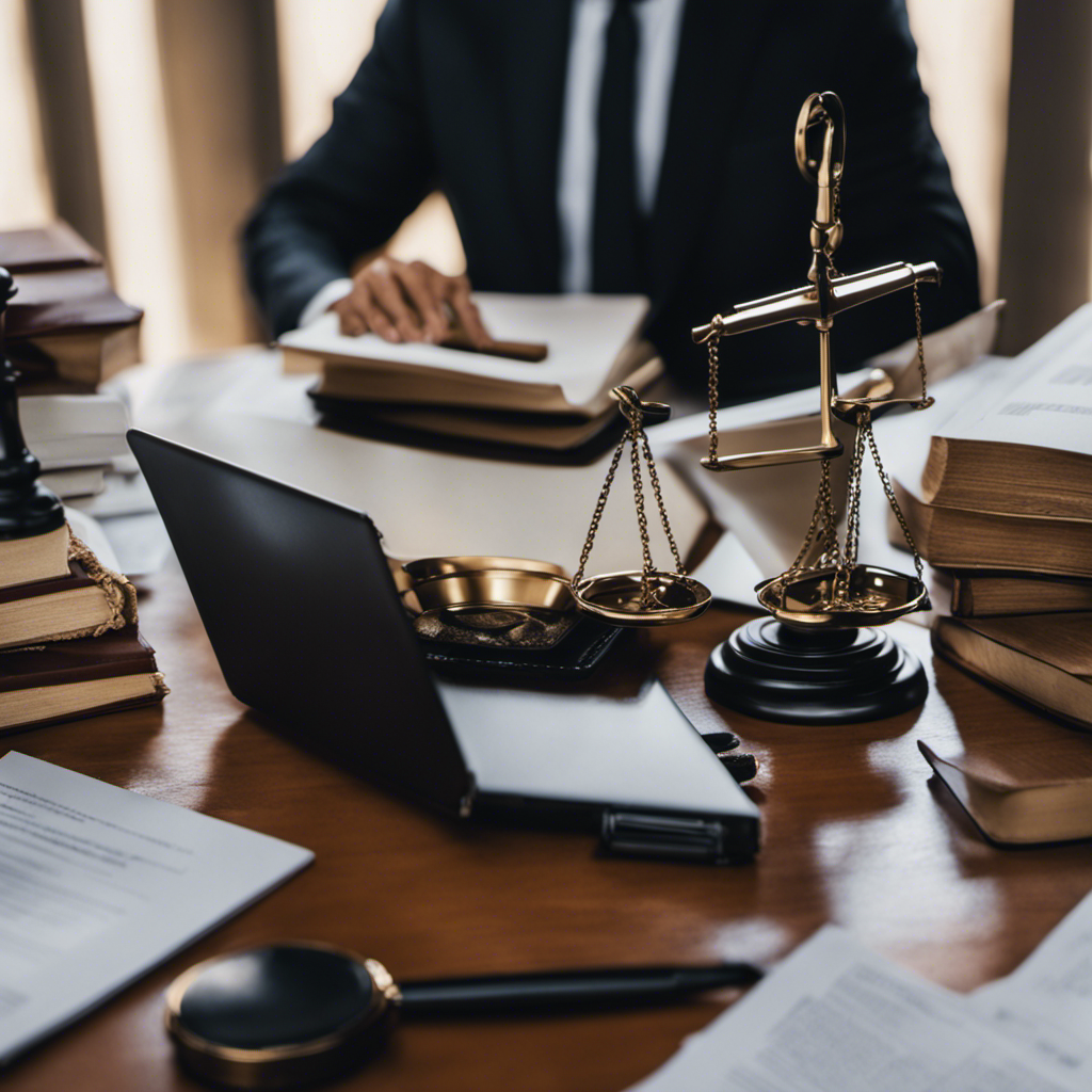 An image of a person with a laptop, surrounded by legal documents, contracts, and a scale representing fairness and legality