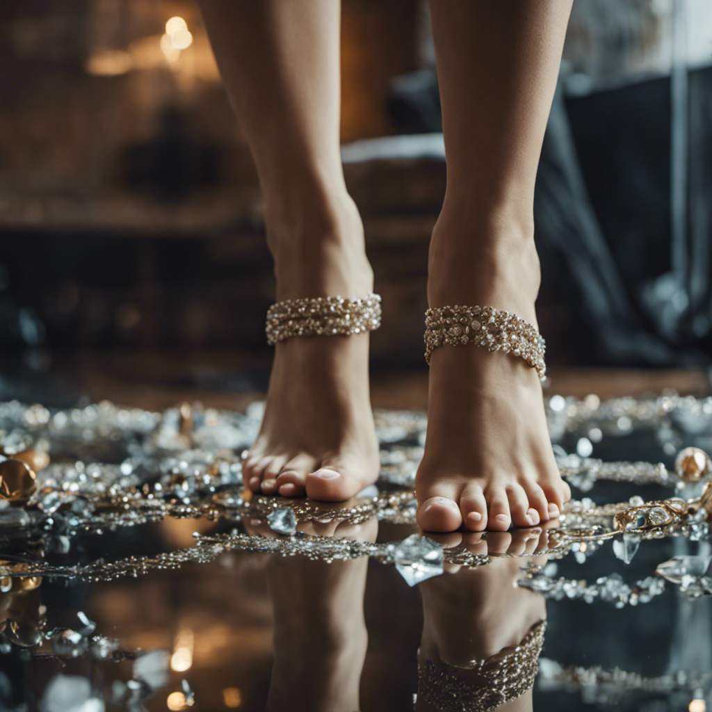 An image depicting a young woman's bare feet, adorned with expensive jewelry, standing on a shattered mirror