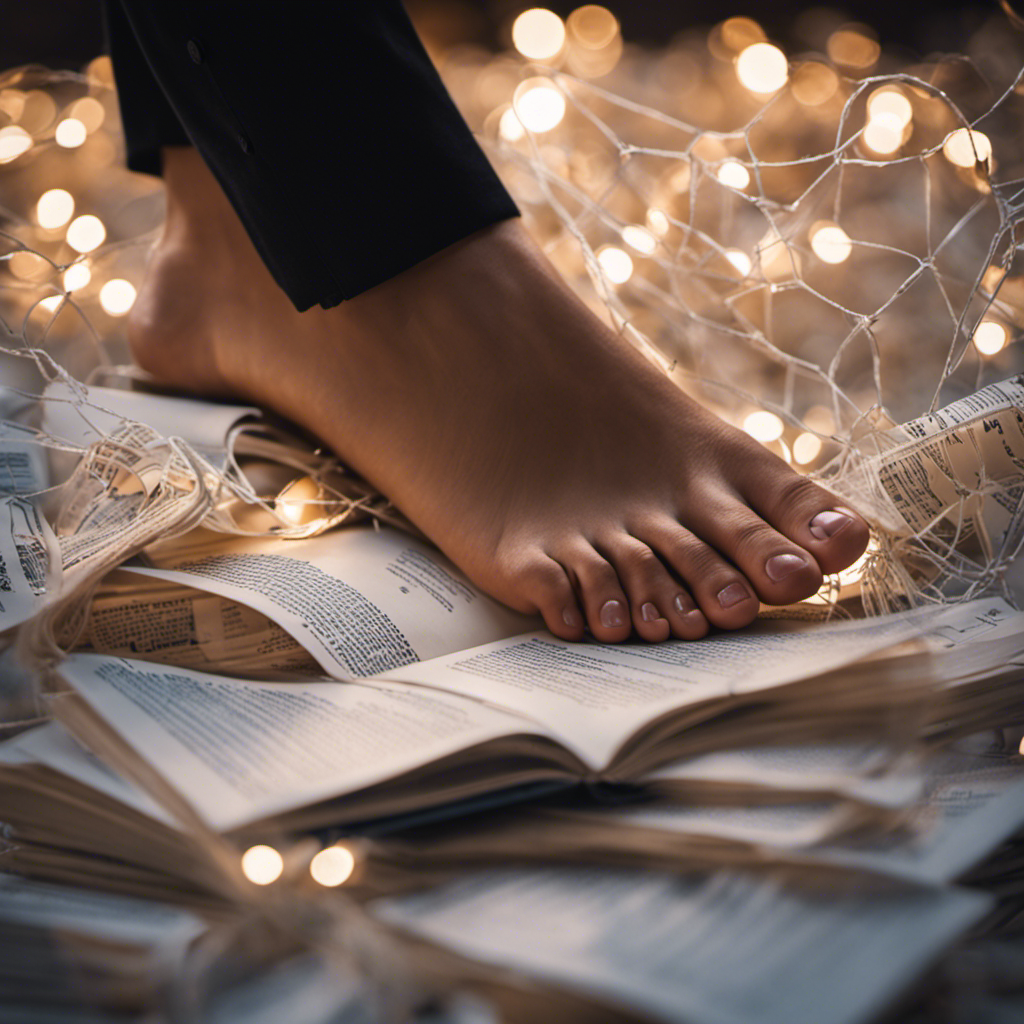 An image depicting a person's feet surrounded by a web of interconnected legal documents, symbolizing the complex nature of copyright law