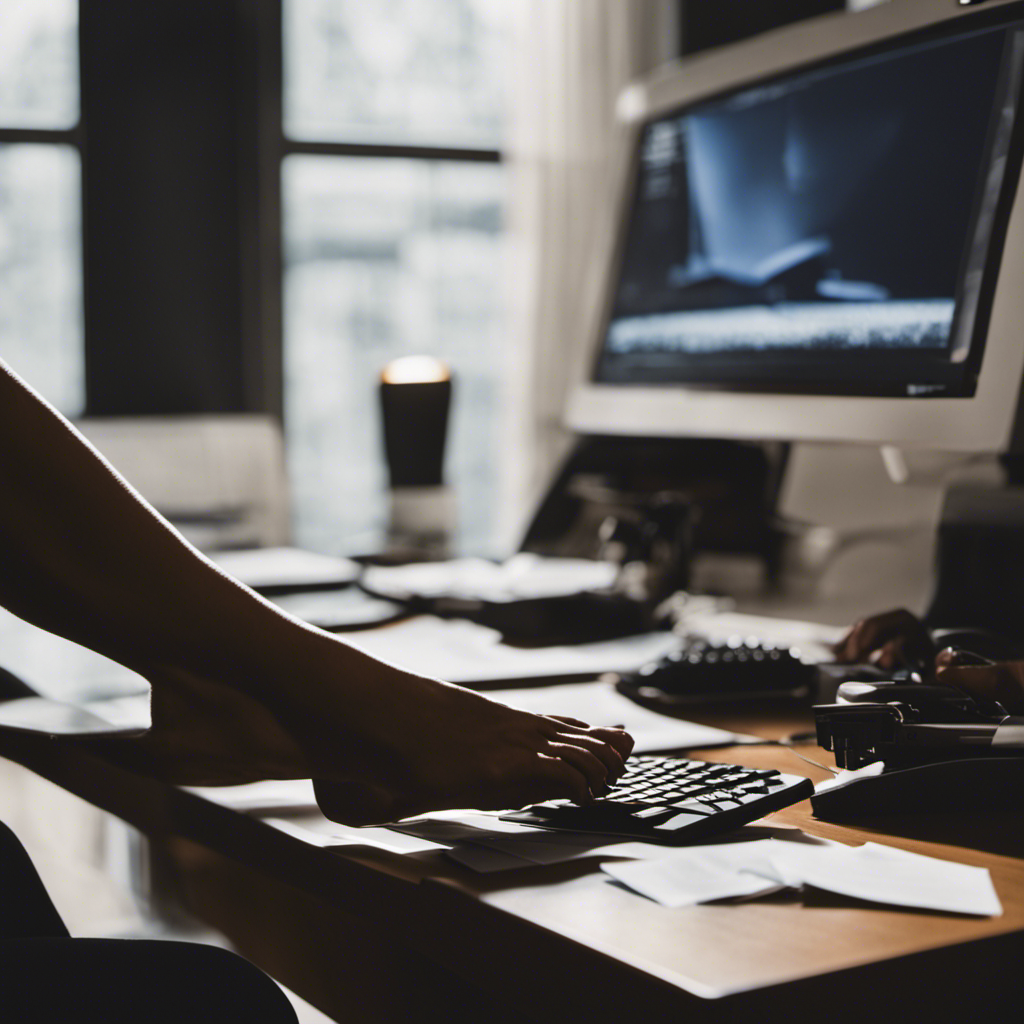 An image that depicts a pair of bare feet stepping onto a computer keyboard, with scattered personal documents on the desk