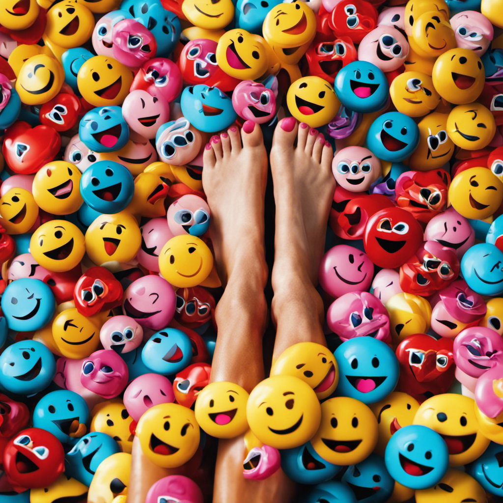 An image showcasing a beaming feet pic buyer, surrounded by a vibrant collage of colorful, heart-shaped emojis