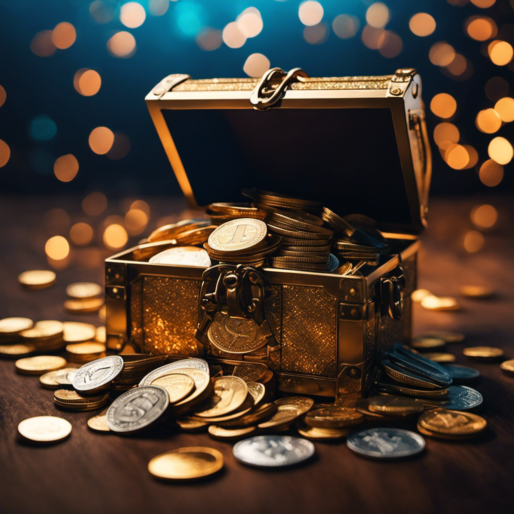An image showcasing a virtual treasure chest overflowing with vibrant, shimmering virtual coins, gift cards, and exclusive rewards