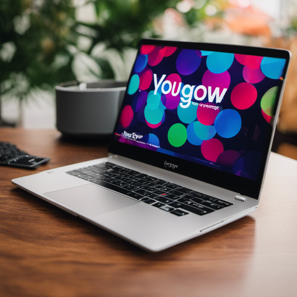 An image showcasing a laptop with a vibrant YouGov logo as its desktop wallpaper