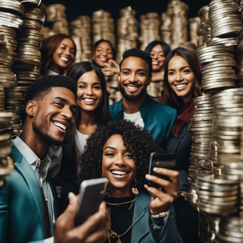 An image showcasing a diverse group of individuals smiling, holding their smartphones, and surrounded by stacks of cash, representing the top paid survey platform KashKick