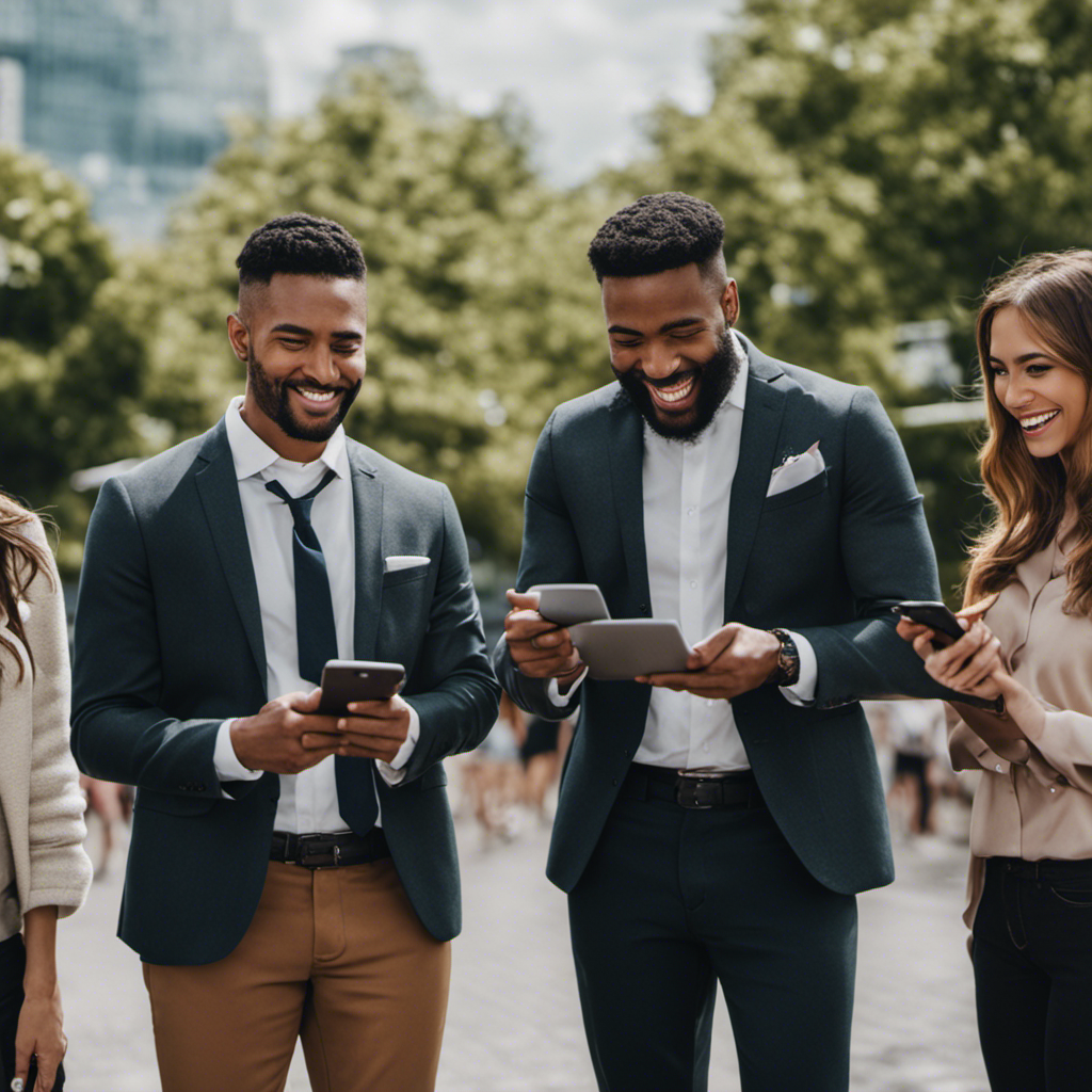 An image showcasing a diverse group of individuals engaged in various activities, such as taking surveys on their devices, while displaying their genuine expressions of satisfaction and excitement