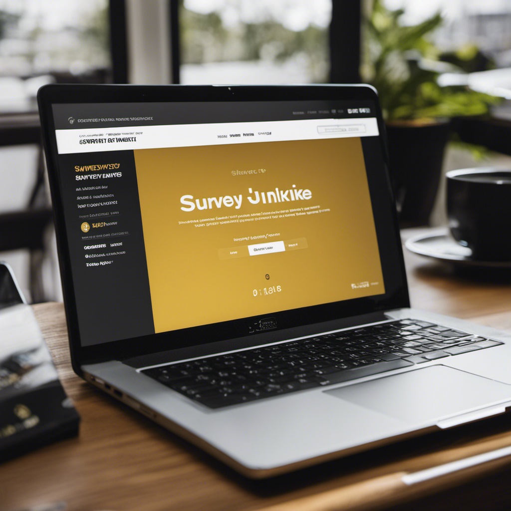 An image showcasing a laptop screen displaying the Survey Junkie website, with a user's profile showing high earnings, a variety of surveys to choose from, and a satisfied individual cashing out their earnings