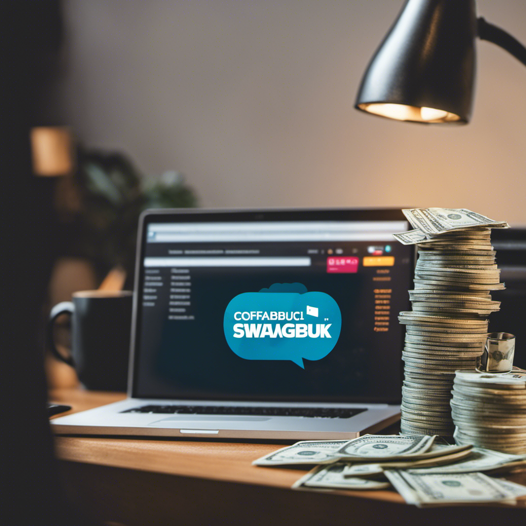 An image showcasing a person comfortably seated at their desk, with a laptop displaying the Swagbucks logo