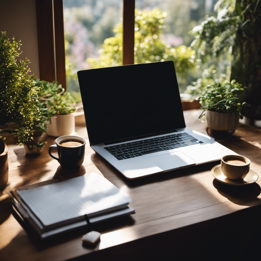 An image showcasing a cozy home office setup, featuring a laptop surrounded by spreadsheets, charts, and a cup of coffee