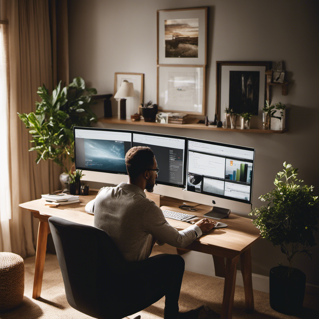 An image showcasing a person comfortably seated at their home desk, using a Xerox Virtual Office program to efficiently process data entry tasks