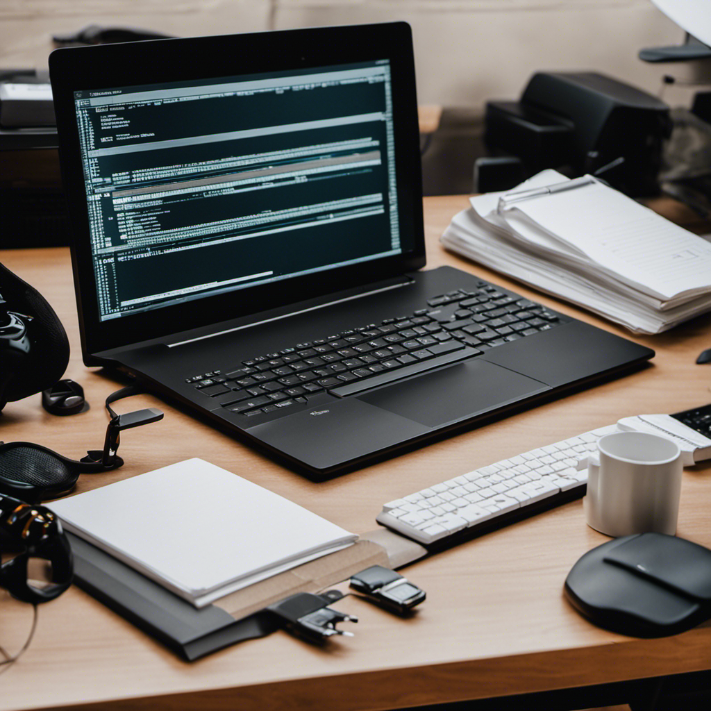 An image depicting a home office setup with a computer, keyboard, and a stack of papers, showcasing the essential tools for data entry jobs