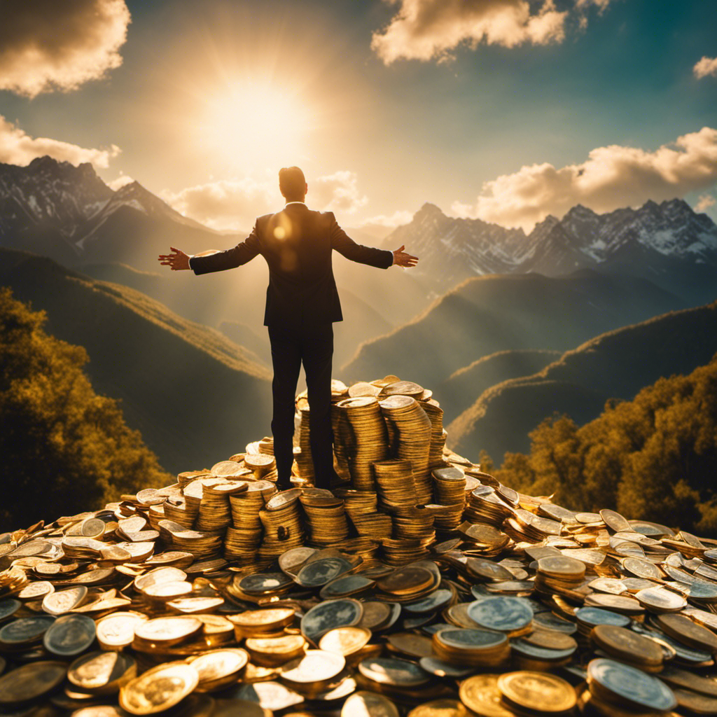 An image showcasing a person standing in awe before a magnificent mountain of cash, their eyes widened with excitement