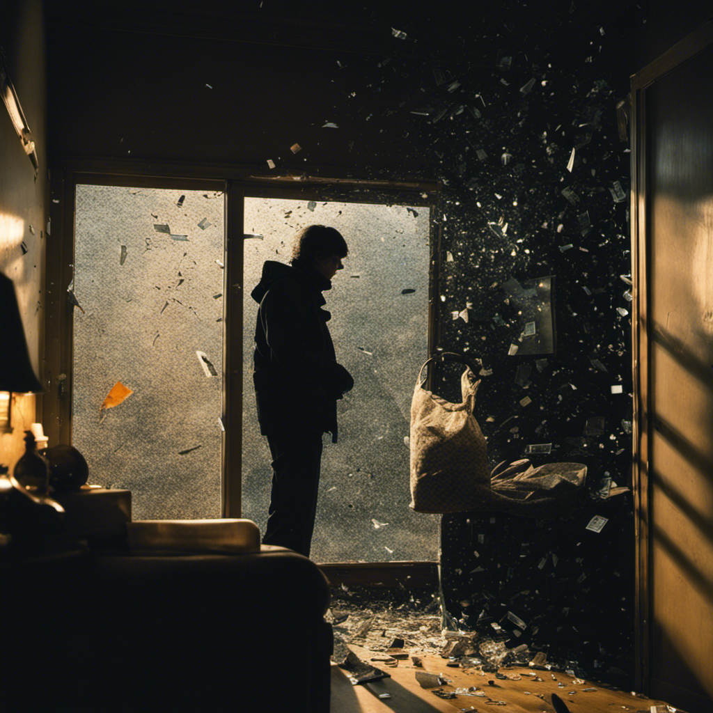 An image depicting a dimly lit room with shattered glass scattered around a broken window