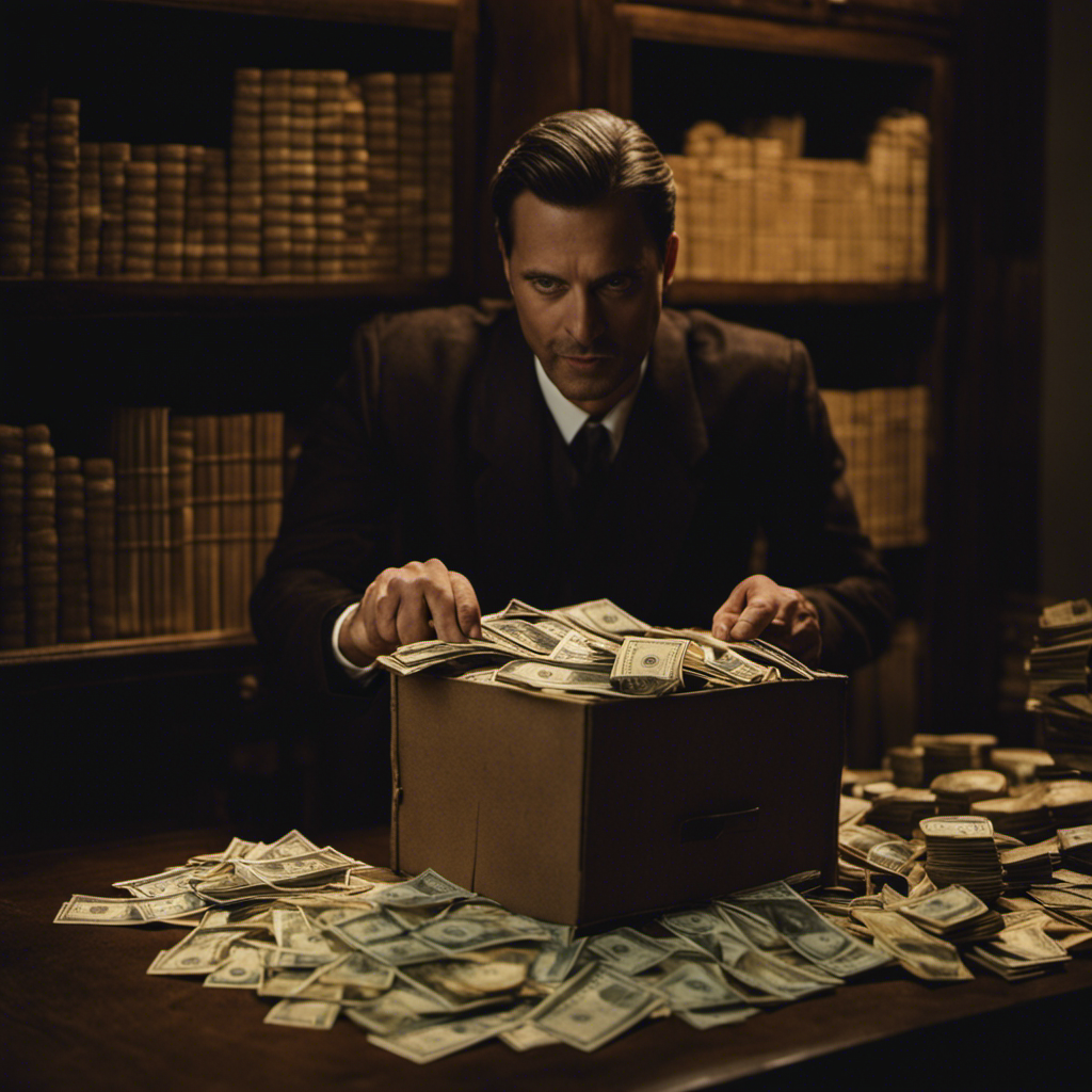 An image of a person standing in a dimly lit room, their eyes wide with astonishment, as they hold a dusty old box filled with stacks of cash, their fingers tracing the edges of the bills