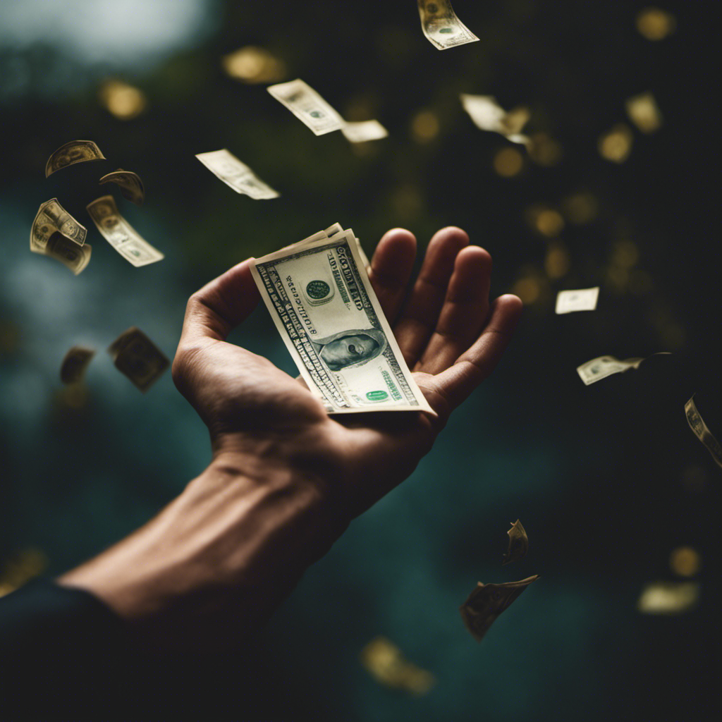 An image featuring a hand emerging from a dream-like abyss, holding a fistful of money