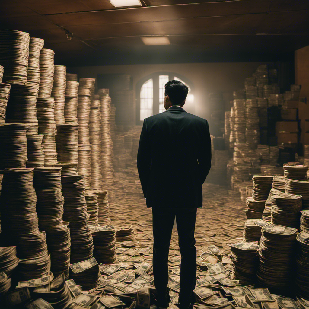 Create an image depicting a person standing in a dimly lit room, surrounded by stacks of paper money