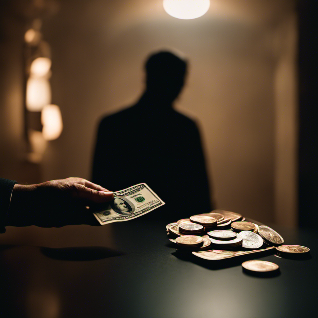 An image of a person standing in a dimly lit room, looking desperate and holding a small empty wallet