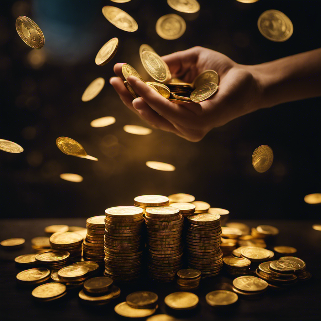 An image of a person standing in a dimly lit room, their outstretched hand holding a glowing, golden stack of money